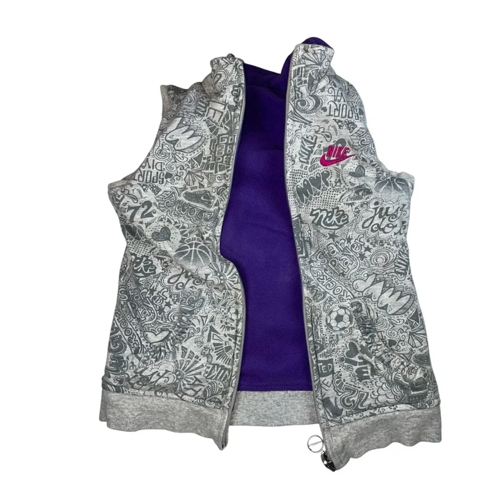 Nike Reversible Vest Girls 6X Purple Fleece Gray Doodle Full Zip Logo